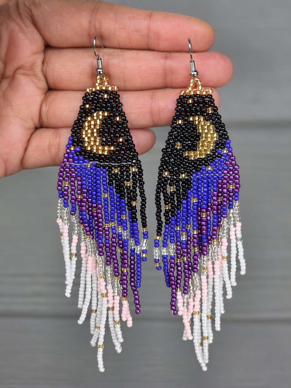 Handmade Moon Beaded Fringe Moon Earrings Boheme